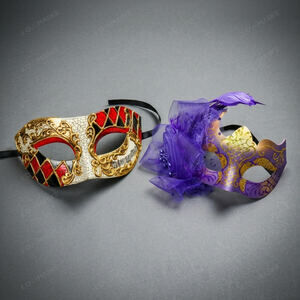 Venetian Jester Purple Feather Masquerade Halloween Party mask